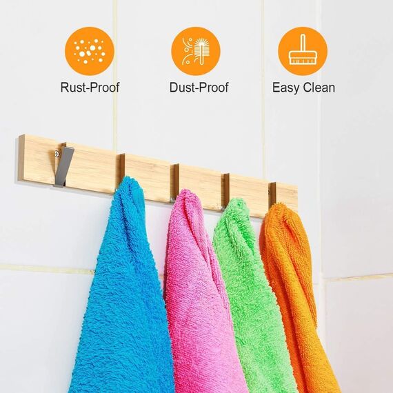 Anjuer Garderobenständer, Wandmontage, Kleiderständer, 5 Haken, robust, Huthalter, Bambus-Haken, silberfarben