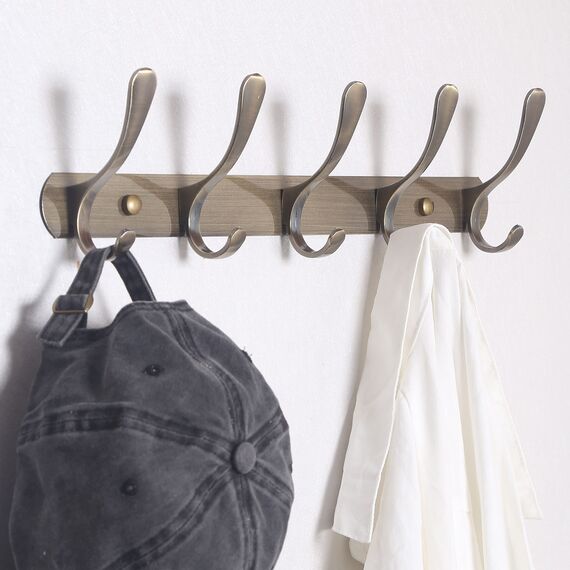 SKOLOO Garderobenleiste, Moderne, stabile Metall Kleiderhaken Wand mit 5 Haken, 2er-Pack, zum Aufhängen von Kleidung, Mantel, Hüten, Jacken, Rucksack, Hakenleiste Bronze