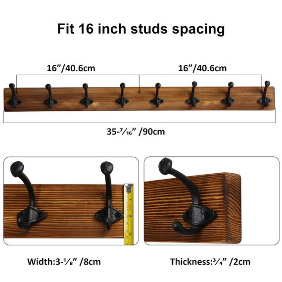 WEBI Garderobenleiste,Wandgarderobe Holz mit 8 Haken Gusseisen,Garderobenhaken Wand Garderobe Hakenleiste,Kleiderhaken Wand für Mäntel,Jacken,Braun