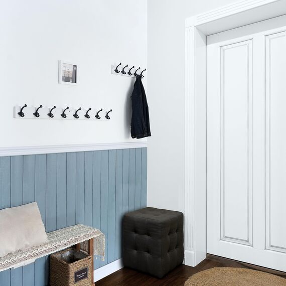WEBI Garderobenleiste,Wandgarderobe Holz mit 8 Haken Gusseisen,Garderobenhaken Wand Garderobe Hakenleiste,Kleiderhaken Wand für Mäntel,Jacken,Weiß