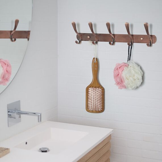 SKOLOO Garderobenleiste, Moderne, stabile Metall Kleiderhaken Wand mit 5 Haken, 2er-Pack, zum Aufhängen von Kleidung, Mantel, Hüten, Jacken, Rucksack, Hakenleiste Retro Rot