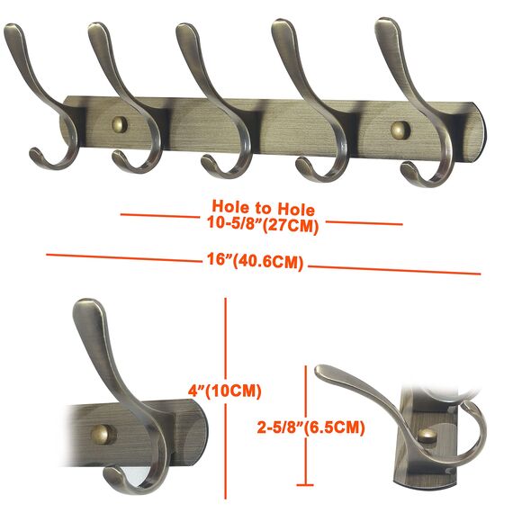 SKOLOO Garderobenleiste, Moderne, stabile Metall Kleiderhaken Wand mit 5 Haken, 2er-Pack, zum Aufhängen von Kleidung, Mantel, Hüten, Jacken, Rucksack, Hakenleiste Bronze