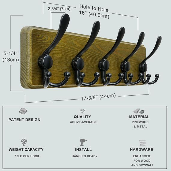 Dseap Garderobe, Garderobenhaken - Robust Vintage Garderobenleiste Holz mit 5 Dreifachhaken, Kleiderhaken Wand, Hakenleiste, für Jacken Mäntel Handtaschen, Retro Grün & Schwarz