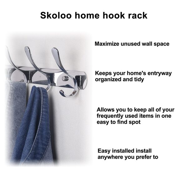 SKOLOO Garderobenleiste, Moderne, stabile Metall Kleiderhaken Wand mit 5 Haken, 2er-Pack, zum Aufhängen von Kleidung, Mantel, Hüten, Jacken, Rucksack, Hakenleiste Silber