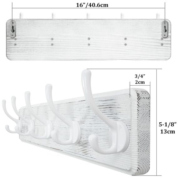 WEBI Garderobenleiste mit 5 Haken,Garderobenhaken,Wandgarderobe Holz,Kleiderhaken Wand,Hakenleiste Garderobe,Jackenhalter Wand für Mäntel,Jacken,Weiß,2 Stück