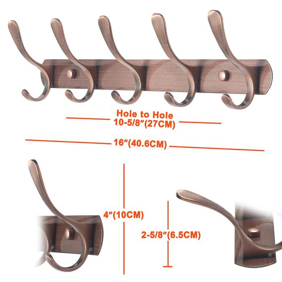 SKOLOO Garderobenleiste, Moderne, stabile Metall Kleiderhaken Wand mit 5 Haken, 2er-Pack, zum Aufhängen von Kleidung, Mantel, Hüten, Jacken, Rucksack, Hakenleiste Retro Rot