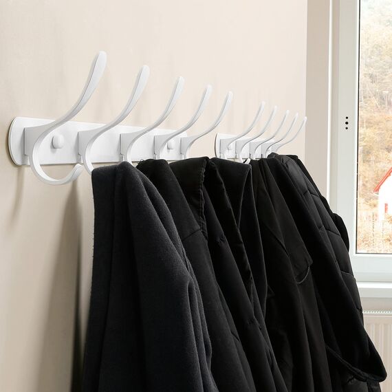 SKOLOO Garderobenleiste, Moderne, stabile Metall Kleiderhaken Wand mit 5 Haken, 2er-Pack, zum Aufhängen von Kleidung, Mantel, Hüten, Jacken, Rucksack, Hakenleiste Weiß, ideal im Zuhause und Büro