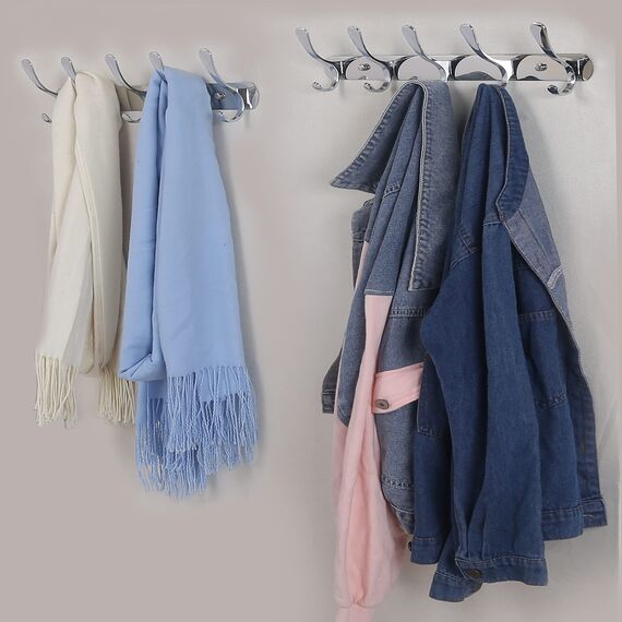 SKOLOO Garderobenleiste, Moderne, stabile Metall Kleiderhaken Wand mit 5 Haken, 2er-Pack, zum Aufhängen von Kleidung, Mantel, Hüten, Jacken, Rucksack, Hakenleiste Silber