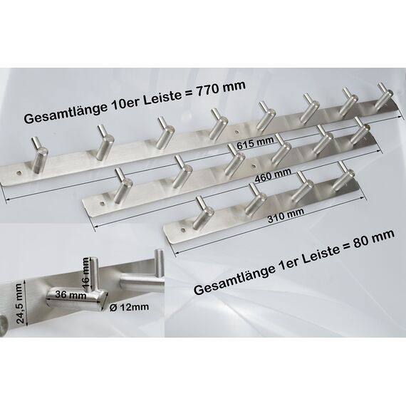 ID Dinkel Hakenleiste 8 Kleiderhaken EDELSTAHL Garderobenhaken Wandhaken 8 Haken