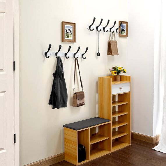 SKOLOO Garderobenleiste, Moderne, stabile Metall Kleiderhaken Wand mit 5 Haken, 2er-Pack, zum Aufhängen von Kleidung, Hüten, Jacken, Rucksack, Hakenleiste Schwarz auf Weiß