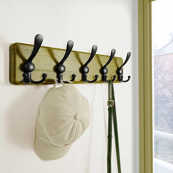 Dseap Garderobe, Garderobenhaken - Robust Vintage Garderobenleiste Holz mit 5 Dreifachhaken, Kleiderhaken Wand, Hakenleiste, für Jacken Mäntel Handtaschen, Retro Grün & Schwarz