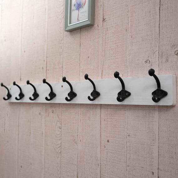 WEBI Garderobenleiste,Wandgarderobe Holz mit 8 Haken Gusseisen,Garderobenhaken Wand Garderobe Hakenleiste,Kleiderhaken Wand für Mäntel,Jacken,Weiß,2 Stück