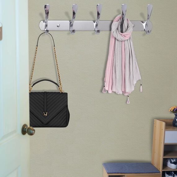 SKOLOO Garderobenleiste, Moderne, stabile Metall Kleiderhaken Wand mit 5 Haken, zum Aufhängen von Kleidung, Mantel, Hüten, Jacken, Rucksack, Hakenleiste Silber, ideal im Zuhause und Büro