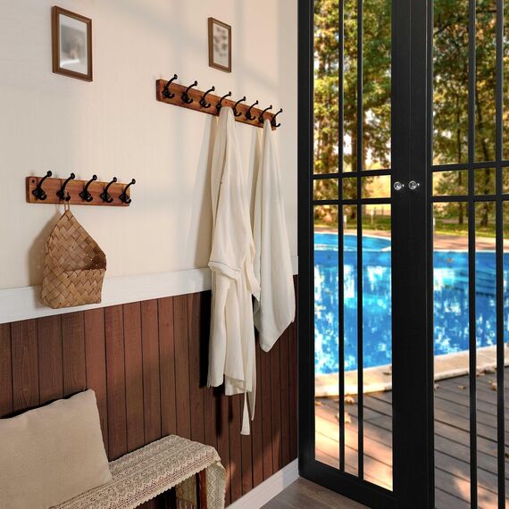 WEBI Garderobenleiste,Wandgarderobe Holz mit 8 Haken Gusseisen,Garderobenhaken Wand Garderobe Hakenleiste,Kleiderhaken Wand für Mäntel,Jacken,Braun