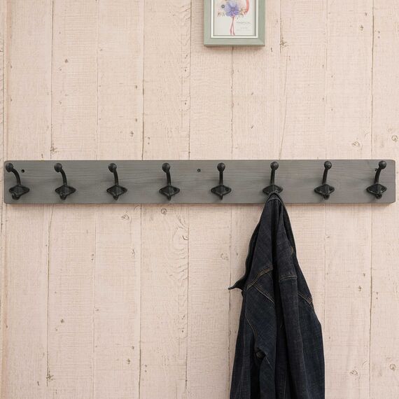 WEBI Garderobenleiste,Wandgarderobe Holz mit 8 Haken Gusseisen,Garderobenhaken Wand Garderobe Hakenleiste,Kleiderhaken Wand für Mäntel,Jacken,Grau,2 Stück