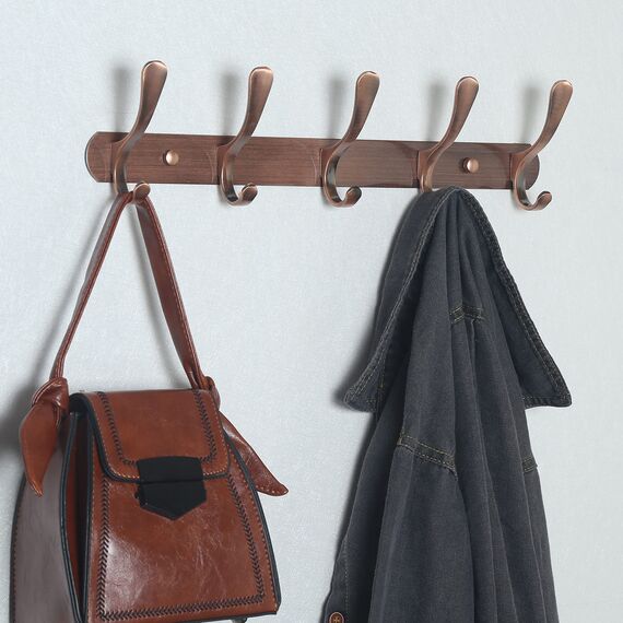 SKOLOO Garderobenleiste, Moderne, stabile Metall Kleiderhaken Wand mit 5 Haken, 2er-Pack, zum Aufhängen von Kleidung, Mantel, Hüten, Jacken, Rucksack, Hakenleiste Retro Rot