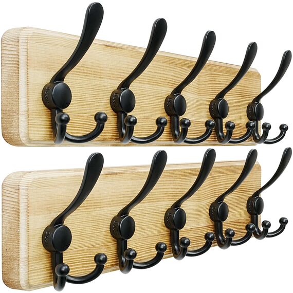 Dseap Garderobe, Garderobenhaken - Robust Vintage Garderobenleiste Holz mit 5 Dreifachhaken, Kleiderhaken Wand, Hakenleiste, für Jacken Mäntel Handtaschen, Hellbraun & Schwarz, 2 Stück
