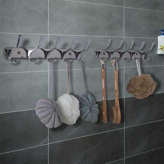 SKOLOO Garderobenleiste, Moderne, stabile Metall Kleiderhaken Wand mit 5 Haken, 2er-Pack, zum Aufhängen von Kleidung, Mantel, Hüten, Jacken, Rucksack, Hakenleiste Silber