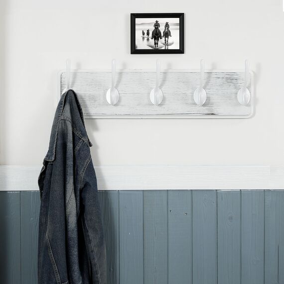 WEBI Garderobenleiste mit 5 Haken,Garderobenhaken,Wandgarderobe Holz,Kleiderhaken Wand,Hakenleiste Garderobe,Jackenhalter Wand für Mäntel,Jacken,Weiß