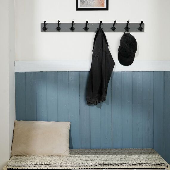 WEBI Garderobenleiste,Wandgarderobe Holz mit 8 Haken Gusseisen,Garderobenhaken Wand Garderobe Hakenleiste,Kleiderhaken Wand für Mäntel,Jacken,Grau,2 Stück