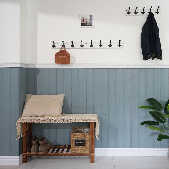 WEBI Garderobenleiste,Wandgarderobe Holz mit 8 Haken Gusseisen,Garderobenhaken Wand Garderobe Hakenleiste,Kleiderhaken Wand für Mäntel,Jacken,Weiß