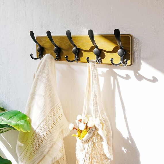 Dseap Garderobe, Garderobenhaken - Robust Vintage Garderobenleiste Holz mit 5 Dreifachhaken, Kleiderhaken Wand, Hakenleiste, für Jacken Mäntel Handtaschen, Retro Grün & Schwarz
