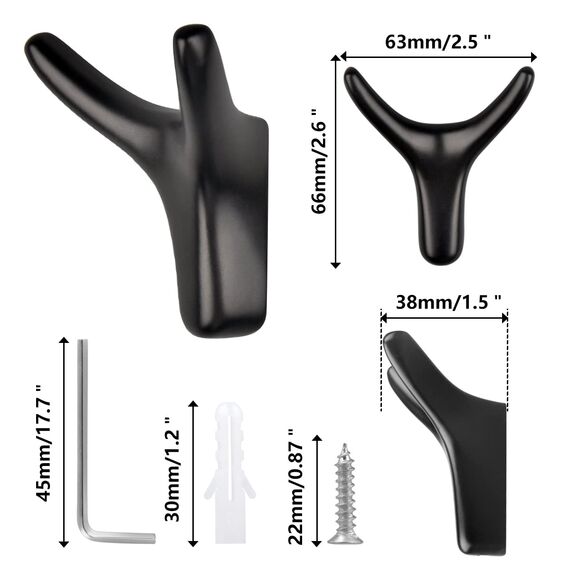 GUWINA 4 Stück Doppelt Wandhaken, Garderobenhaken Wandmontage Kleiderhaken Zinklegierung Handtuchhaken Ideal für Badezimmer Küche Schlafzimmer Mehrzweckhaken Mantelhaken mit Schrauben (Mattschwarz)