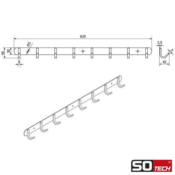 SOTECH 8er Hakenleiste SAMU Mehrzweckhaken Türgarderobe Edelstahl gebürstet 620 mm