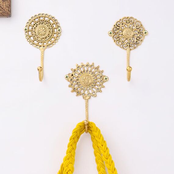 Indian Shelf Boho-Wandhaken in Gold, dekorativ, Messing, Shabby-Chic, Schlüsselhaken, Garderobe, Wandhalterung, Vintage, zum Aufhängen von Mänteln, 3 Stück