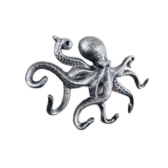 Hampton Nautical Antique Silver Cast Iron Octopus Hook 11 Inch - Decorative Hook - Sealife Metal Wall Hook
