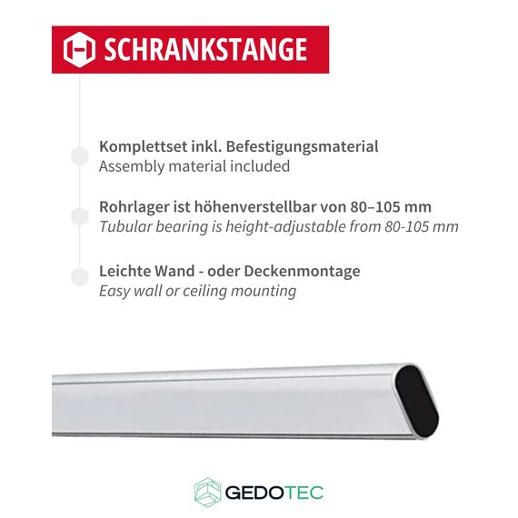 Gedotec Schrankstange Oval Kleiderstange | Schrankrohr Länge: 1500 mm | 30 x 15 mm Stahl verchromt | 1 Set inkl. 2 Stk. Seitenwand-Schrankrohrlager Wand-Montage & Mittelträger für Decken-Montage