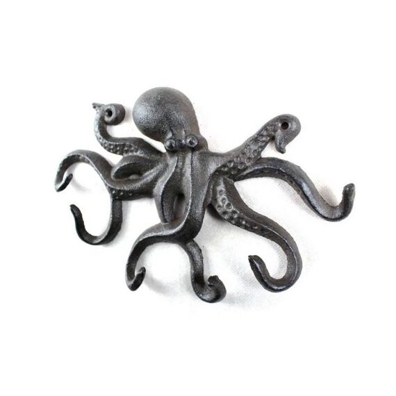 Hampton Nautical Cast Iron Octopus Hook 11 Inch - Decorative Hook - Sealife Metal Wall Hook