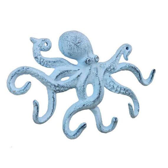 Hampton Nautical Rustic Dark Blue Whitewashed Cast Iron Octopus Hook 11 Inch - Decorative Hook - Sealife Metal Wall Hook