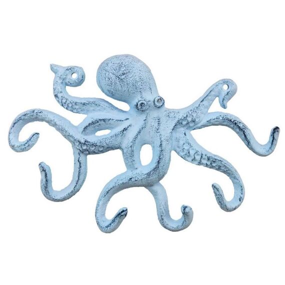 Hampton Nautical Rustic Dark Blue Whitewashed Cast Iron Octopus Hook 11 Inch - Decorative Hook - Sealife Metal Wall Hook
