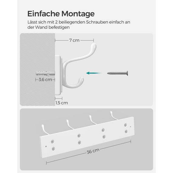 SONGMICS Wandgarderobe, Garderobe, Garderobe, mit 4 Doppelhaken aus Metall, Möbel für Eingangsbereich, für Taschen, Mäntel, Flur, Wohnzimmer, Schlafzimmer, Weiß LHR23WT