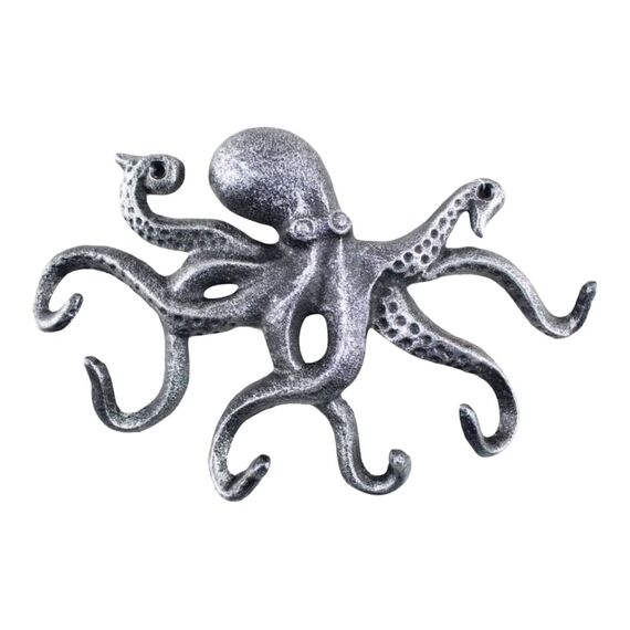 Hampton Nautical Antique Silver Cast Iron Octopus Hook 11 Inch - Decorative Hook - Sealife Metal Wall Hook