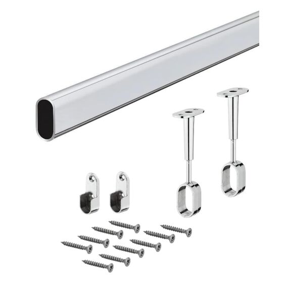 Gedotec Schrankstange Oval Kleiderstange | Schrankrohr Länge: 1000 mm | 30 x 15 mm Stahl verchromt | 1 Set inkl. 2 Stk. Seitenwand-Schrankrohrlager Wand-Montage & Mittelträger für Decken-Montage
