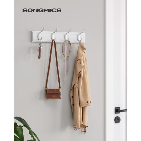 SONGMICS Wandgarderobe, Garderobe, Garderobe, mit 4 Doppelhaken aus Metall, Möbel für Eingangsbereich, für Taschen, Mäntel, Flur, Wohnzimmer, Schlafzimmer, Weiß LHR23WT