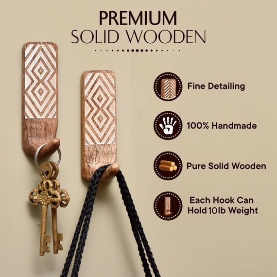 Indian Shelf Boho Dekorative Holz Selbstklebende Wandhaken zum Aufhängen von Mänteln, Schlüsseln, Leine, Hut, Handtuchhalter, niedlicher klebriger Schlüsselhalter, Weiß und Braun Western Wall Decor (3