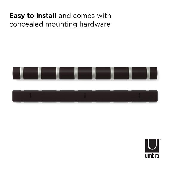 Umbra Flip 8 Garderobenhaken – Moderne, Schlichte und Platzsparende Garderobenleiste mit 8 Beweglichen Haken für Jacken, Mäntel, Schals, Handtaschen und Mehr, Espresso