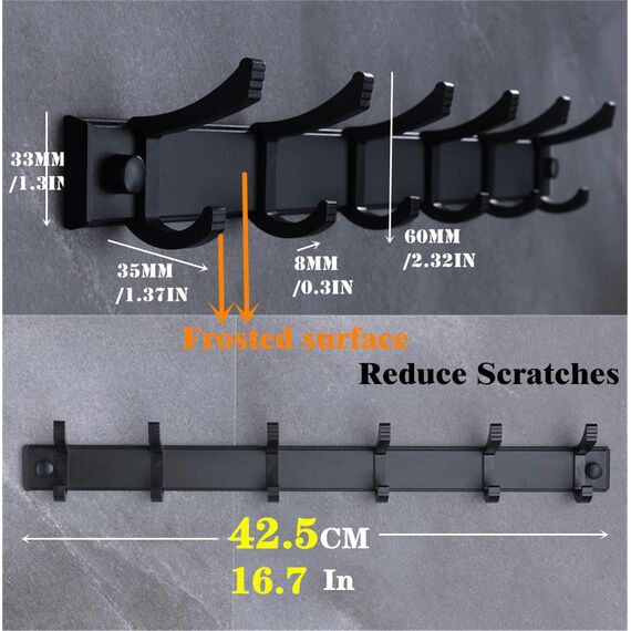 Garderobenleiste,Hakenleiste, Kleiderhaken wand 2 Stück Schwerlast,Jackenhalter wand,Hakenleiste garderobe für Schlafzimmer,Küche, Garderobenhaken für Kleidung, Jacken Halter (Schwarz matt, 6 Haken)
