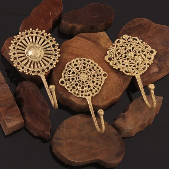 Indian Shelf Boho-Wandhaken in Gold, dekorativ, Messing, Shabby-Chic, Schlüsselhaken, Garderobe, Wandhalterung, Vintage, zum Aufhängen von Mänteln, 3 Stück