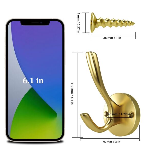 ZUONAI Garderobenhaken Modern Kleiderhaken Schwerlast Garderobe Haken Jacken Haken Wand Handtuchhaken Doppelt für Küche Bad Kleiderschrank (4 Stück, Gold)