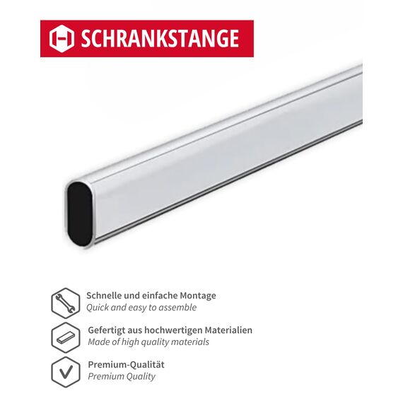 Gedotec Schrankstange Oval Kleiderstange | Schrankrohr Länge: 1500 mm | 30 x 15 mm Stahl verchromt | 1 Set inkl. 2 Stk. Seitenwand-Schrankrohrlager Wand-Montage & Mittelträger für Decken-Montage