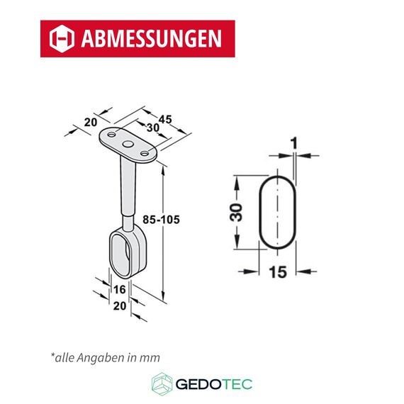 Gedotec Schrankstange Oval Kleiderstange | Schrankrohr Länge: 1000 mm | 30 x 15 mm Stahl verchromt | 1 Set inkl. 2 Stk. Seitenwand-Schrankrohrlager Wand-Montage & Mittelträger für Decken-Montage