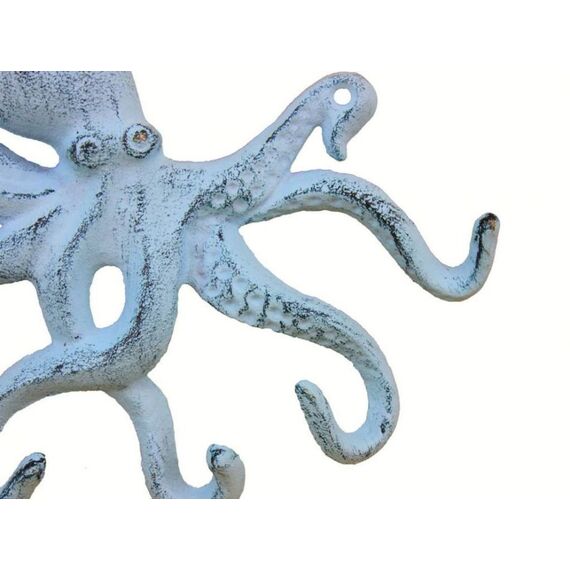 Hampton Nautical Rustic Dark Blue Whitewashed Cast Iron Octopus Hook 11 Inch - Decorative Hook - Sealife Metal Wall Hook