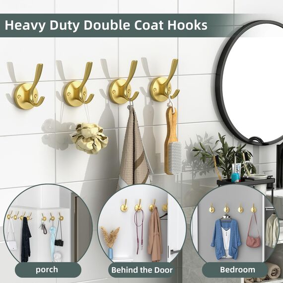 ZUONAI Garderobenhaken Modern Kleiderhaken Schwerlast Garderobe Haken Jacken Haken Wand Handtuchhaken Doppelt für Küche Bad Kleiderschrank (4 Stück, Gold)