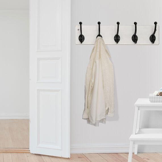 WEBI Garderobenleiste,Wandgarderobe mit 5 Haken Gusseisen,Garderobenhaken Wand,Kleiderhaken Wand,Garderobe Hakenleiste für Mäntel,Jacken,Weiß