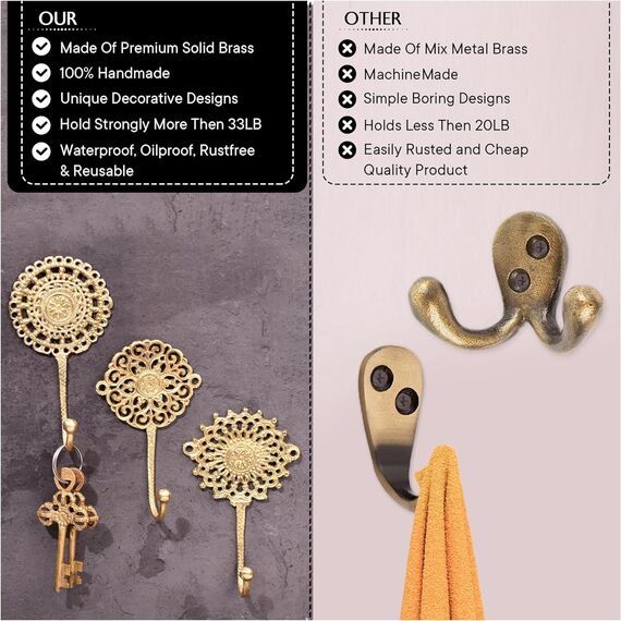 Indian Shelf 3 Wandhaken Gold Dekorative Wandhaken Boho Messing Shabby Chic Haken Einzigartige Boho Garderobenleiste Gold Vintage Haken zum Aufhängen Mantel