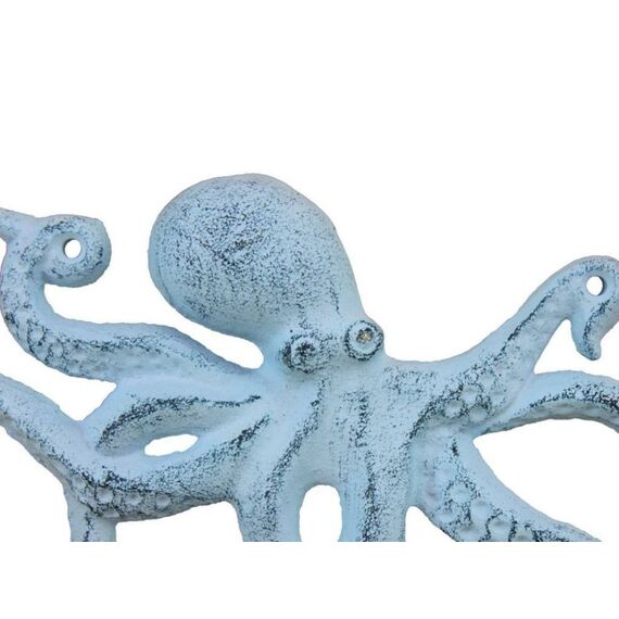 Hampton Nautical Rustic Dark Blue Whitewashed Cast Iron Octopus Hook 11 Inch - Decorative Hook - Sealife Metal Wall Hook